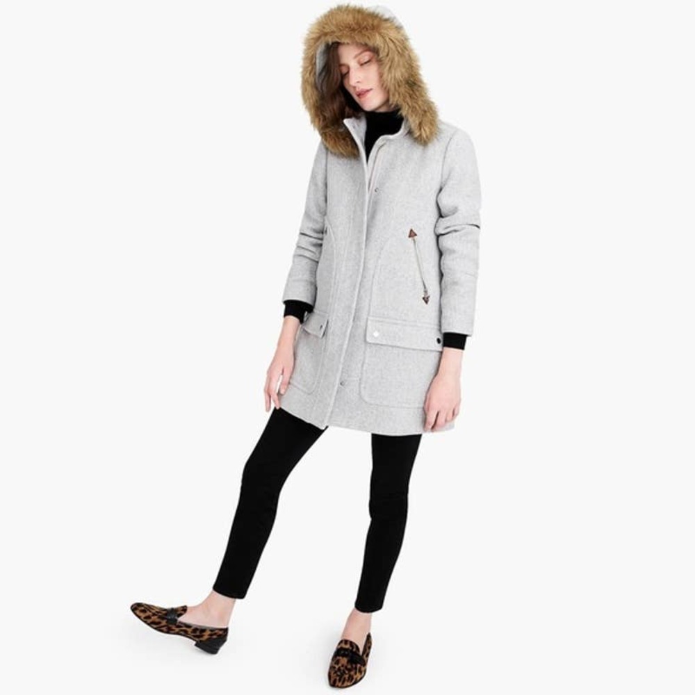 J. Crew Italian Stadium Cloth Wool Coat Size 0 Chateau Parka Removable Fur Hood - Picture 3 of 13